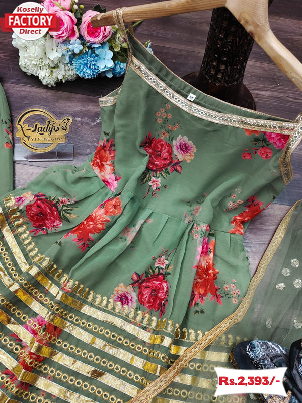 Faded Green Floral Kurtha Sharara Dress