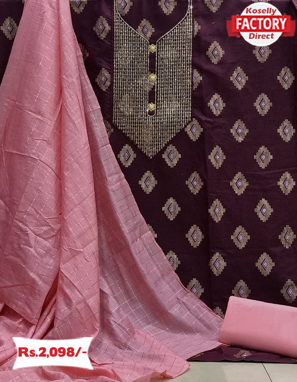 Wine Slub Cotton Embroidered Kurtha Suruwal Piece