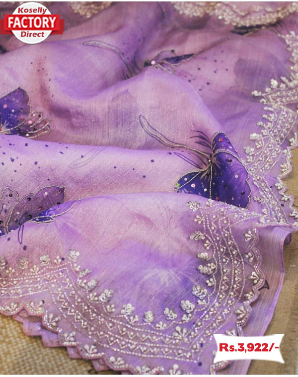 Lavender Pure Organza Silk Hand-worked Saree