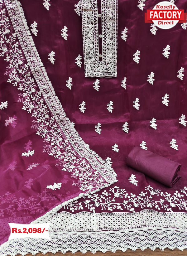 Wine Organza Embroidered Kurtha Suruwal Piece