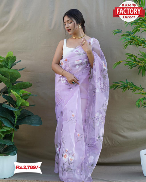 Lavender Hand Painted Organza Designer Saree