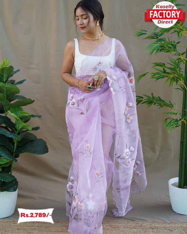 Lavender Hand Painted Organza Designer Saree