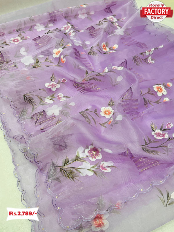 Lavender Hand Painted Organza Designer Saree