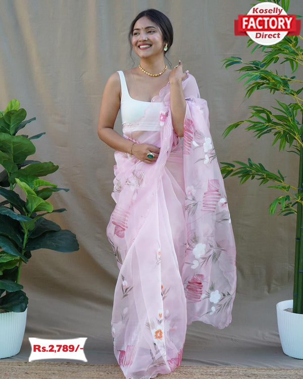 Pink Hand Painted Organza Designer Saree