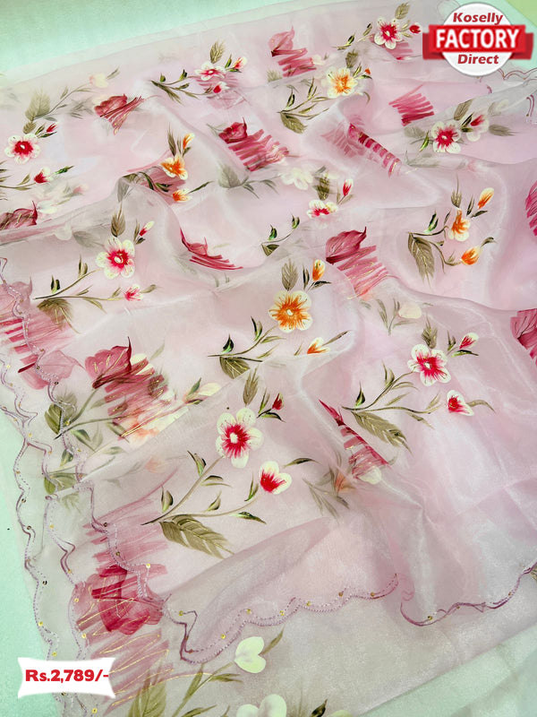 Pink Hand Painted Organza Designer Saree