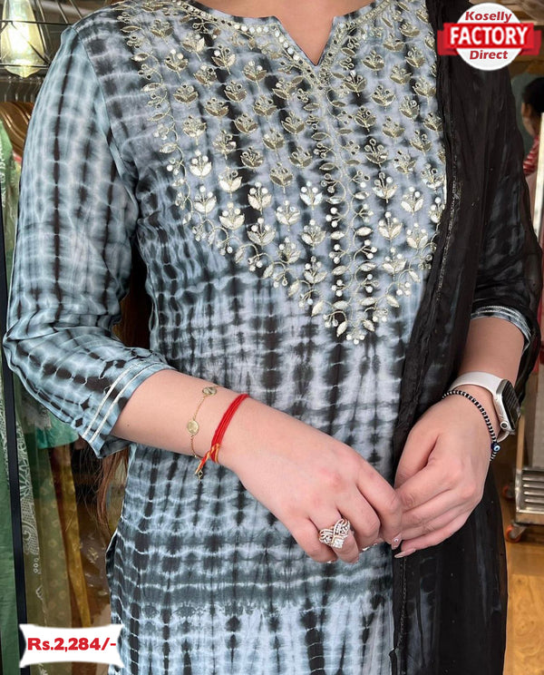 Black Shibori Print Kurtha Pant Dupatta Set