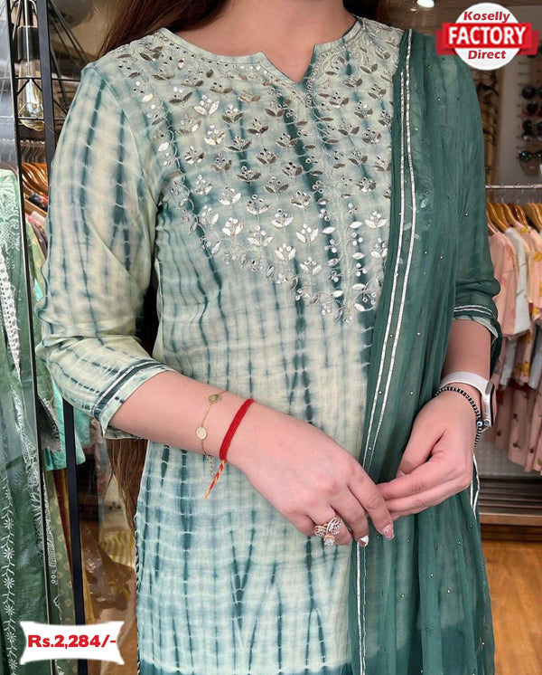 Green Shibori Print Kurtha Pant Dupatta Set