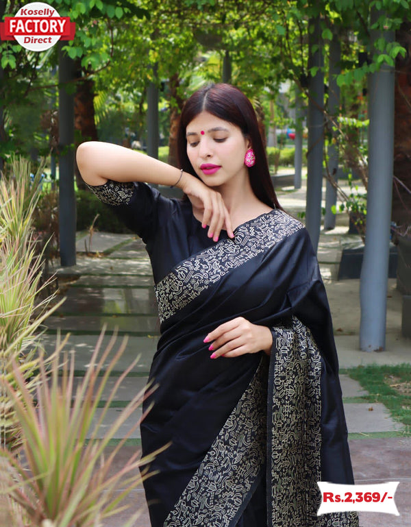 Black Raw Silk Saree With Weaving Pallu