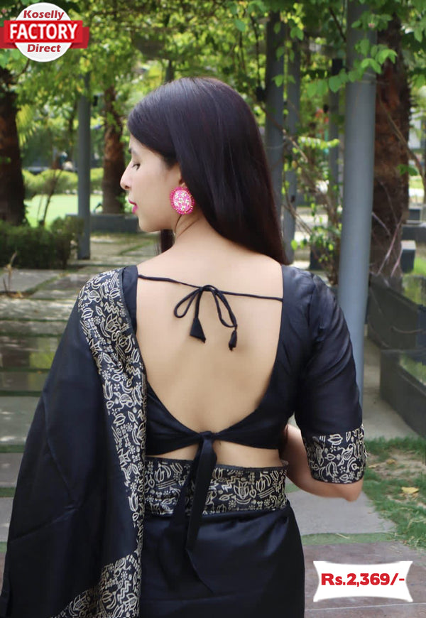 Black Raw Silk Saree With Weaving Pallu