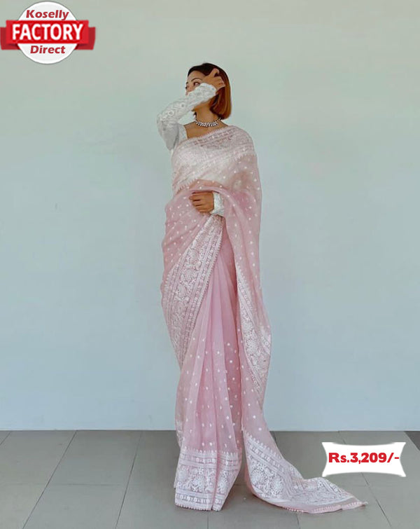 Baby Pink Pure Organza Chikankari Worked Saree