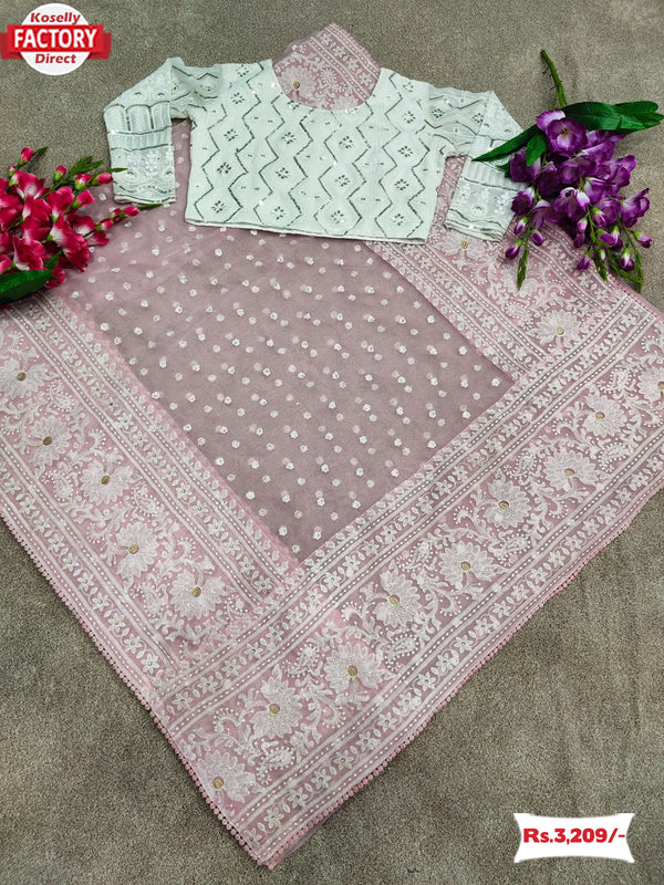Baby Pink Pure Organza Chikankari Worked Saree