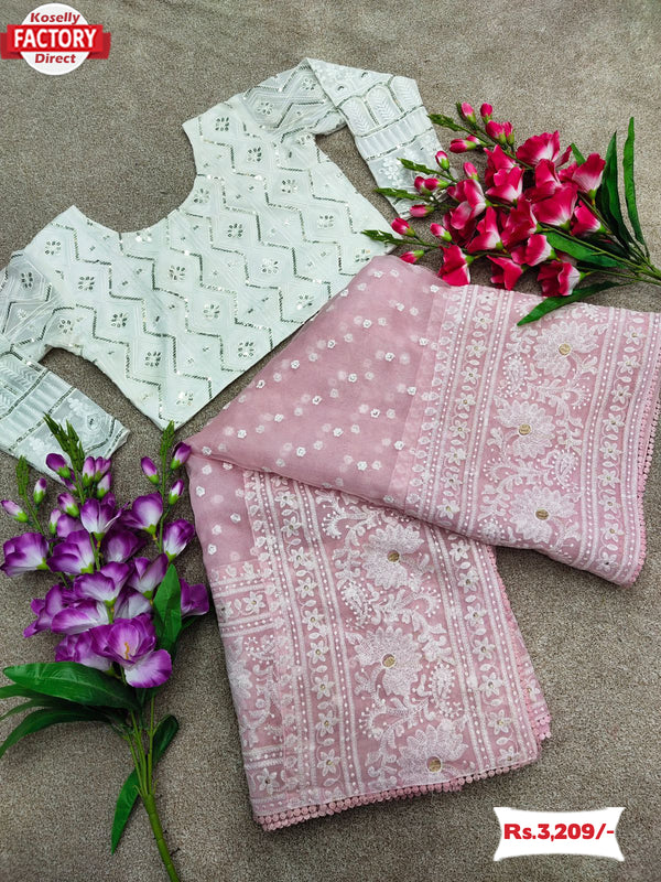 Baby Pink Pure Organza Chikankari Worked Saree