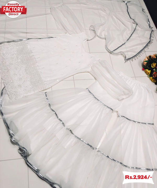 White Partywear Kurtha Sharara Set