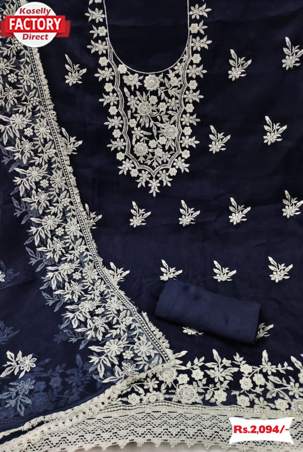 Navy Blue Organza Embroidered Kurtha Suruwal Piece