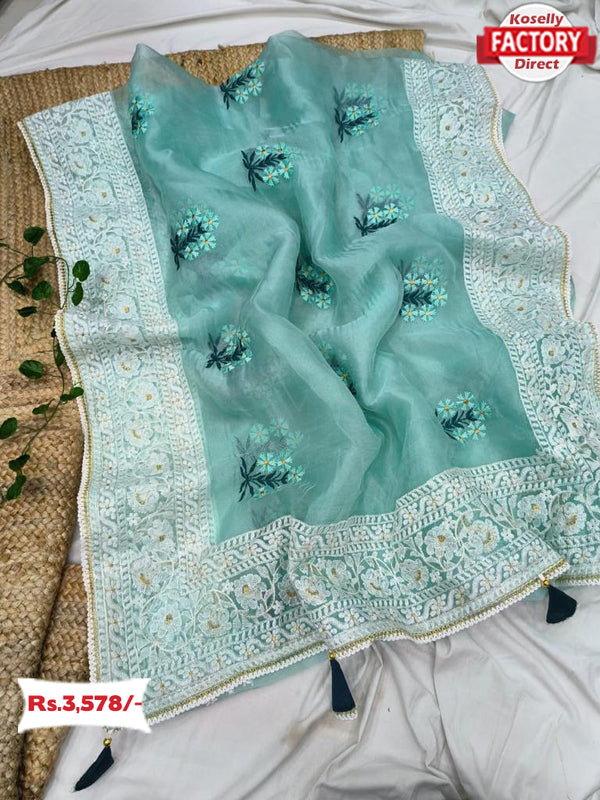 Pure Organza Embroidered Partywear Saree