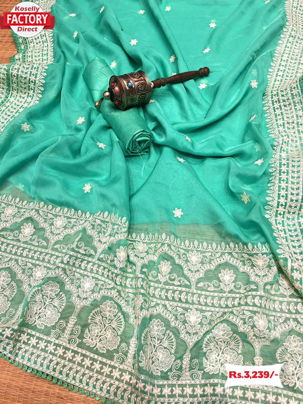 Sea Green Satin Organza Embroidered Saree