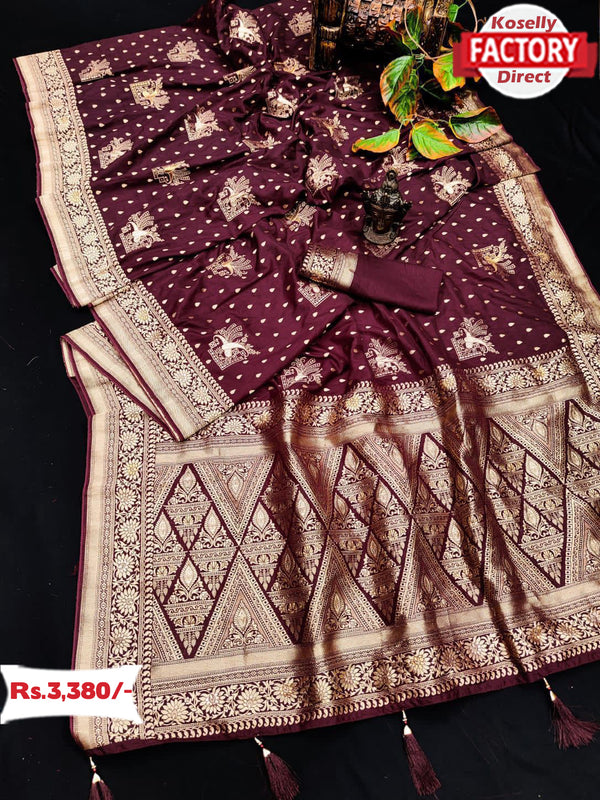 Maroon Pure Dola Silk Saree