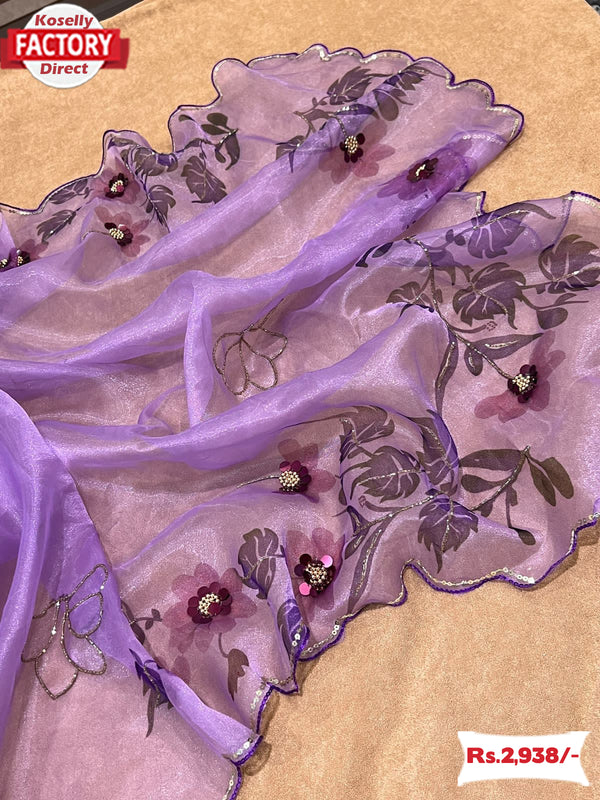 Lavender Pure Organza Hand-work Saree