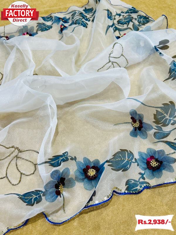 White Pure Organza Hand-work Saree