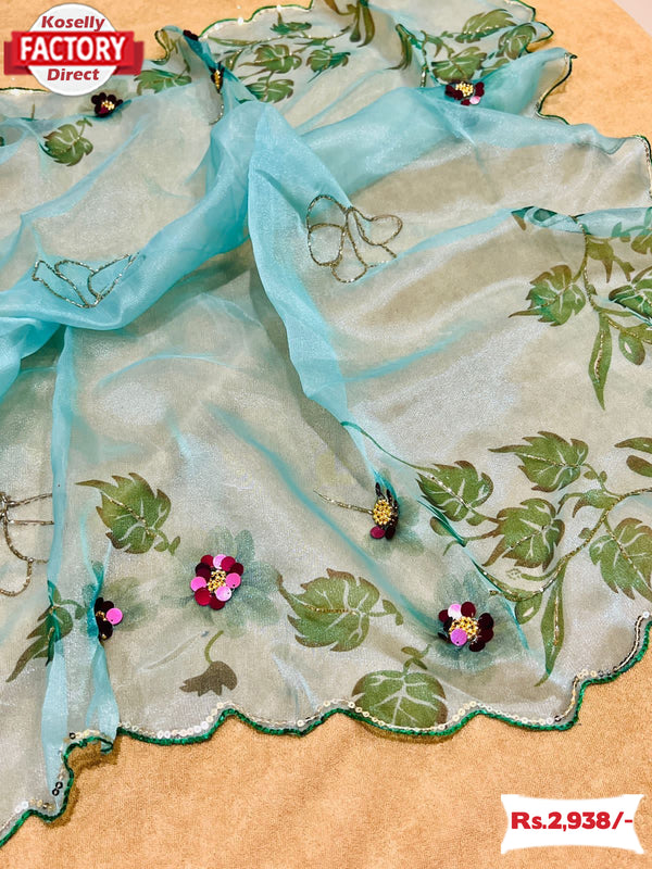 Sky Blue Pure Organza Hand-work Saree