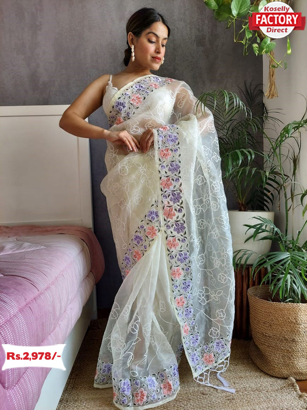 Off-White Pure Organza Fancy Embroidered Saree