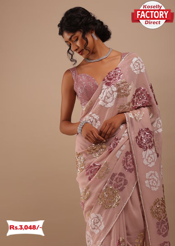 Pink Georgette Designer Multi-sequins Partywear Saree