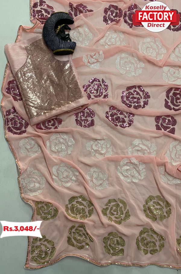 Pink Georgette Designer Multi-sequins Partywear Saree