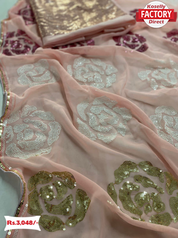 Pink Georgette Designer Multi-sequins Partywear Saree