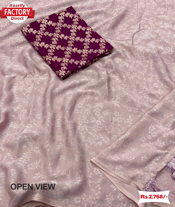 Dusty Onion Chiffon Crepe Saree With Purple Blouse Piece