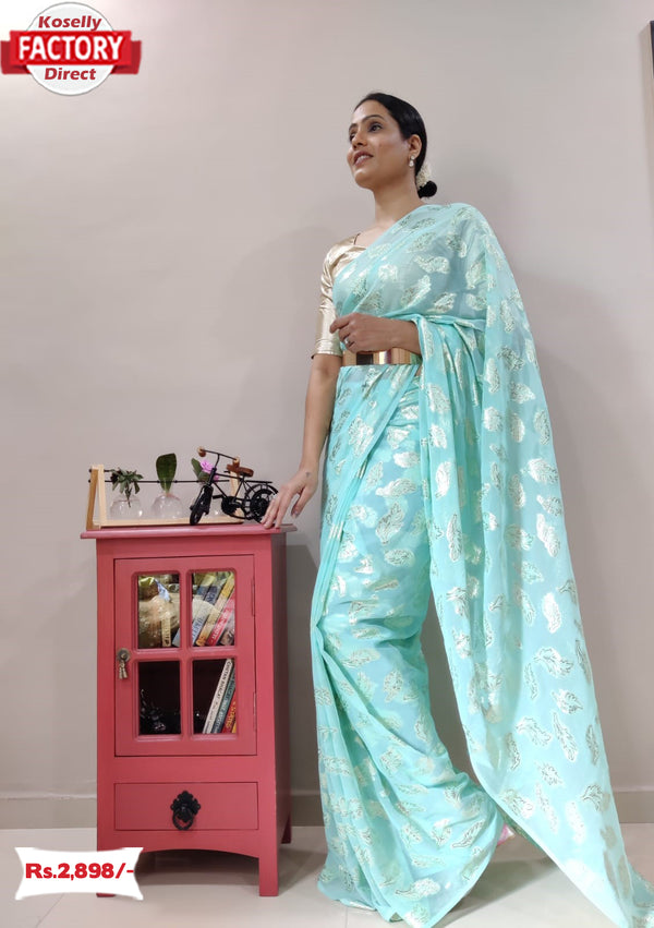 Sky Blue Viscose Zari Ready To Wear Saree With Belt