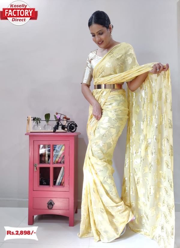 Light Yellow Viscose Zari Ready To Wear Saree With Belt