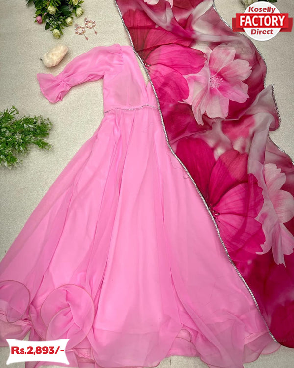 Pink Georgette Gown With Organza Dupatta