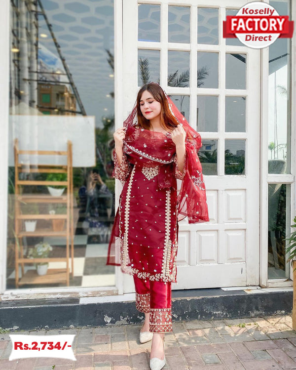 Maroon Organza Kurtha Palazzo Dupatta Set