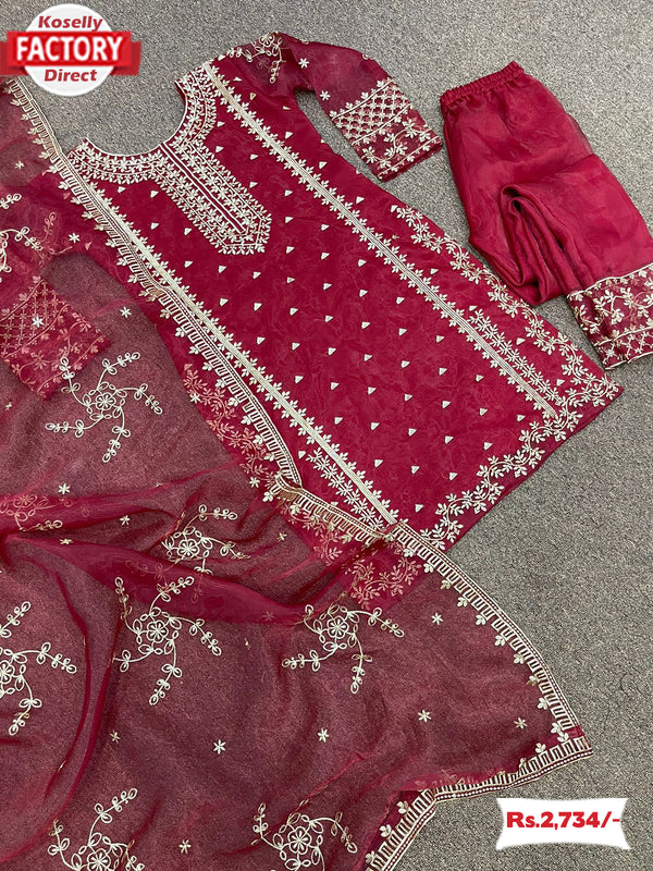 Maroon Organza Kurtha Palazzo Dupatta Set