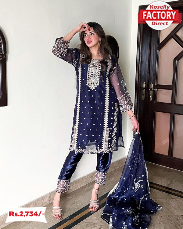 Navy Blue Organza Kurtha Palazzo Dupatta Set