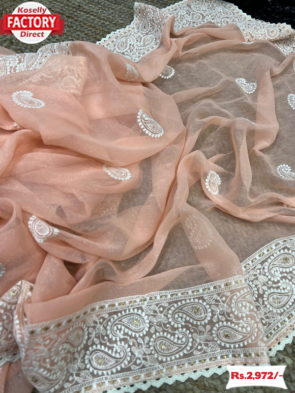 Peach Shimmer Silk Saree With Chikankari Work