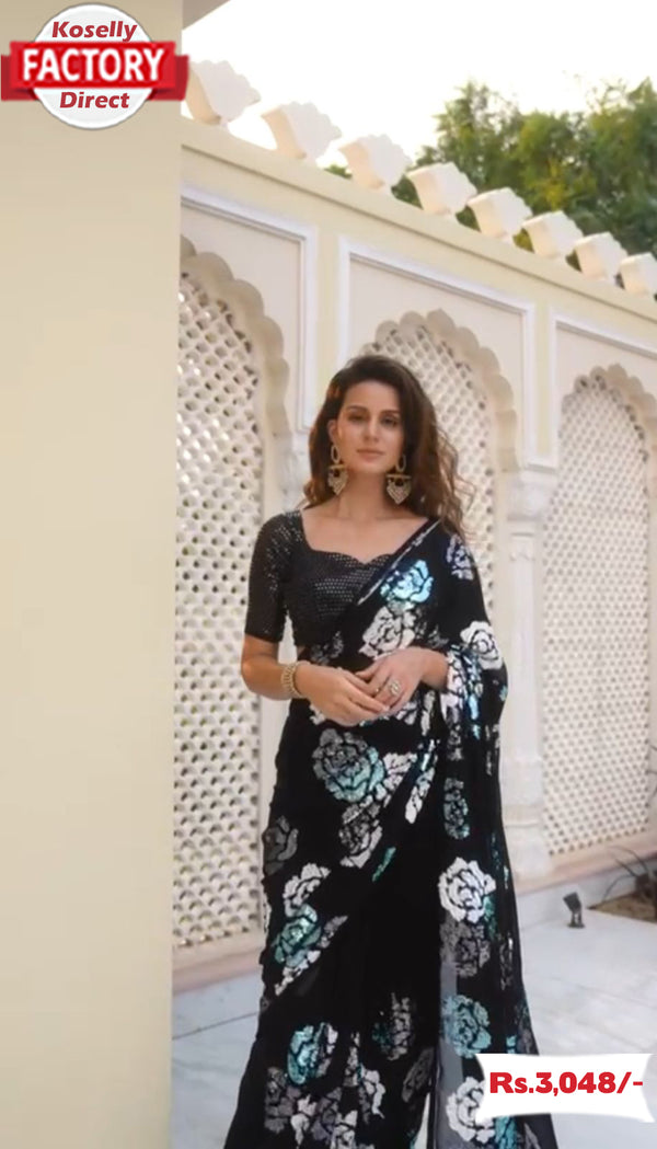 Black Georgette Designer Multi-sequins Partywear Saree