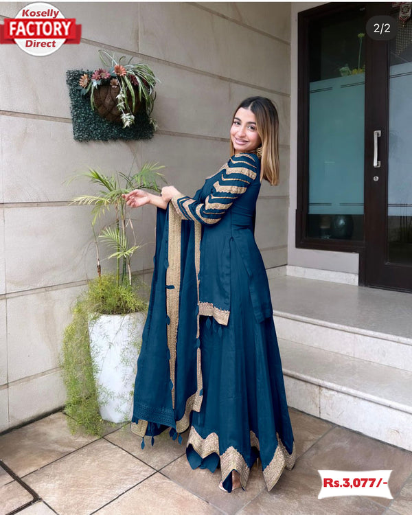 Teal Blue Designer Kurtha Sharara Dupatta Set
