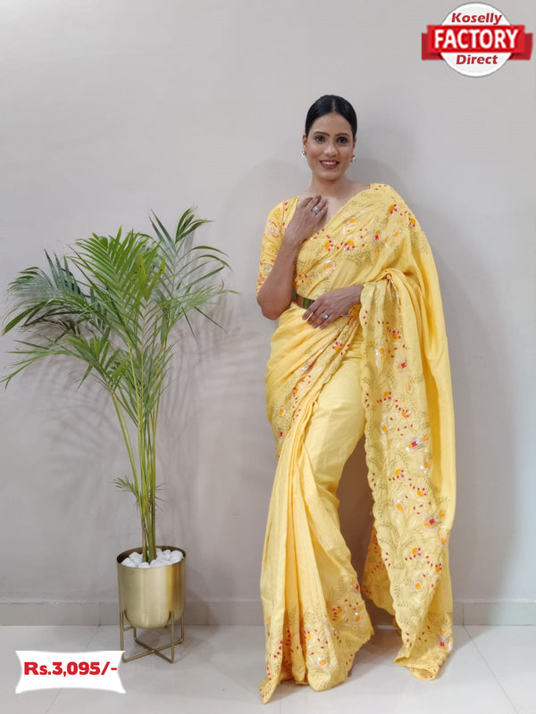 Yellow Dola Silk Saree With Embroidery Work and Belt