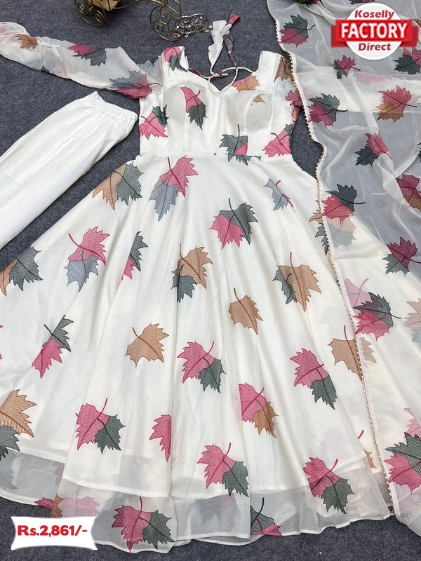 White Pure Chiffon Gown Pant Dupatta Set