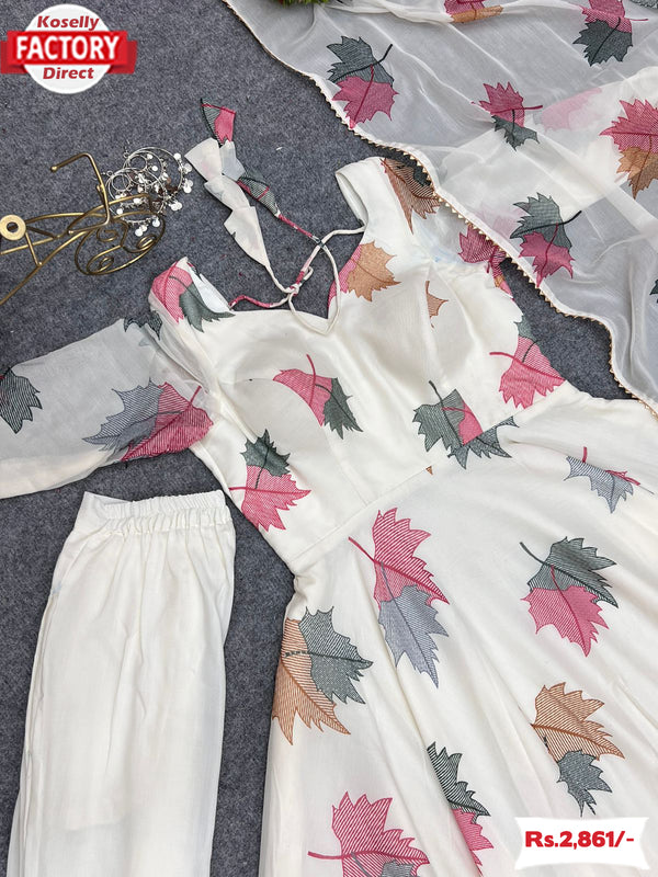 White Pure Chiffon Gown Pant Dupatta Set