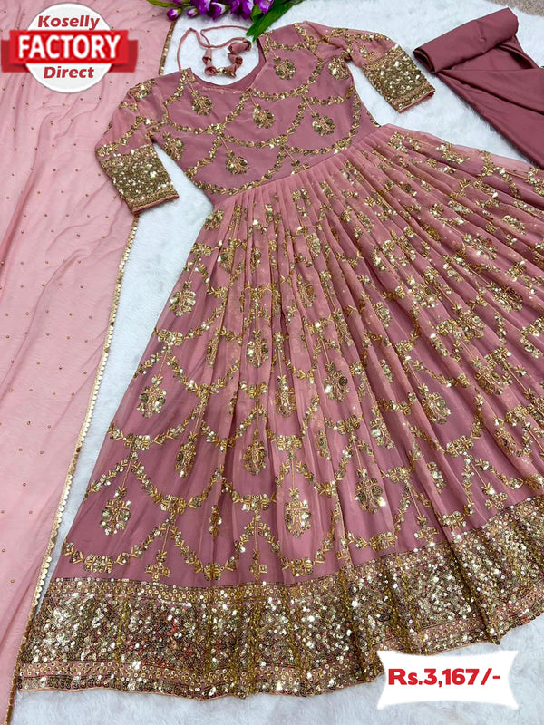 Peach Partywear Embroidered Gown Dupatta Set