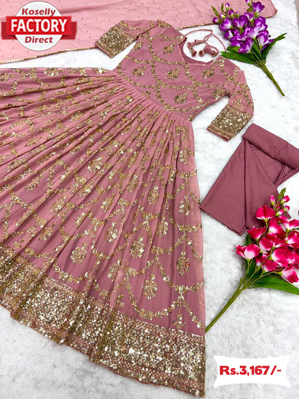 Peach Partywear Embroidered Gown Dupatta Set