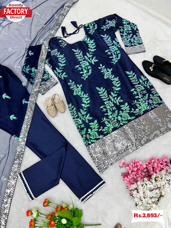 Navy Blue Partywear Kurtha Pant Dupatta Set