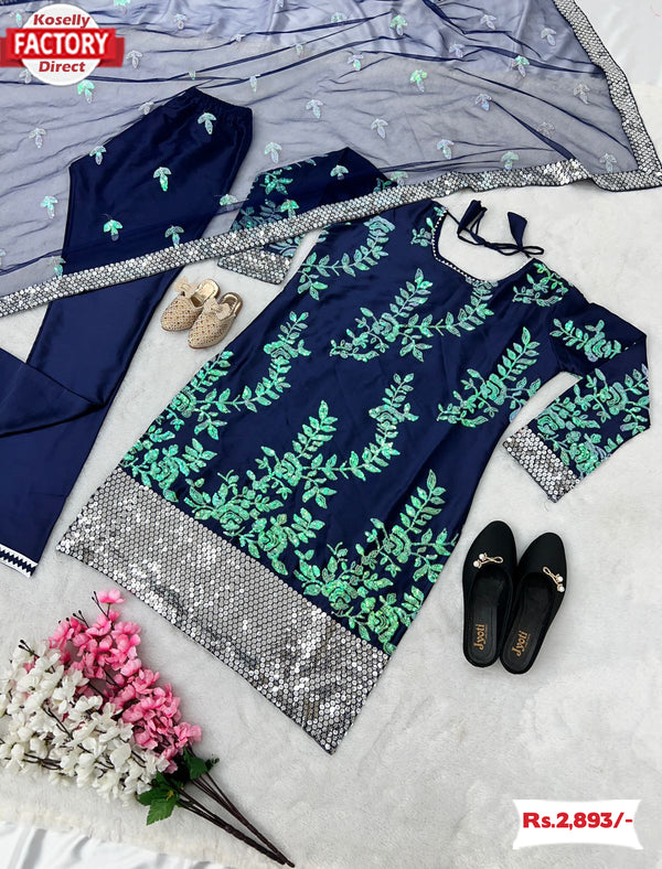 Navy Blue Partywear Kurtha Pant Dupatta Set