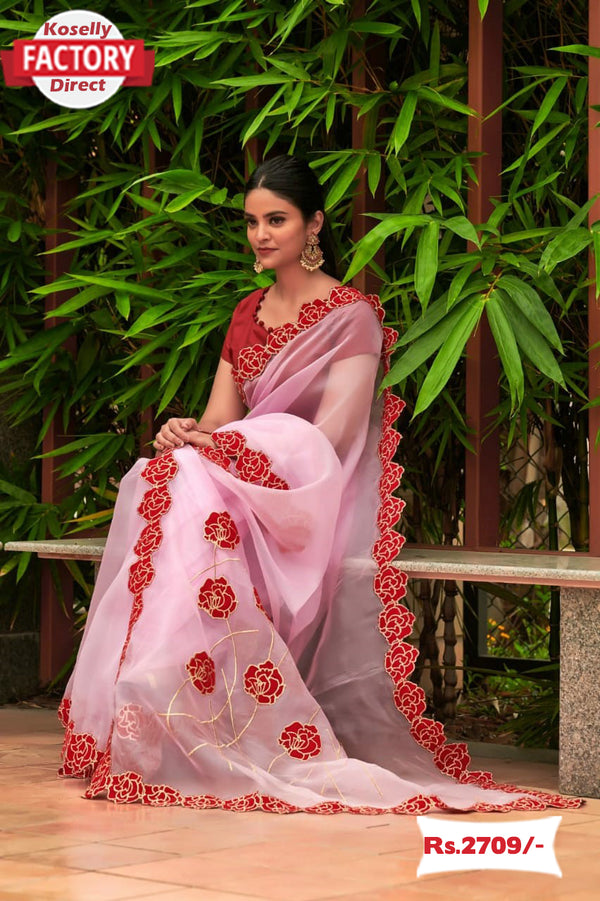 Baby Pink Organza Designer Saree with Red Rose Border