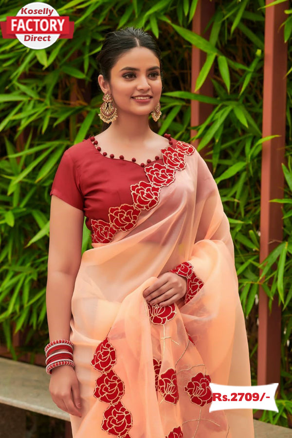 Peach Organza Designer Saree with Red Rose Border