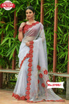 Off-White Organza Designer Saree with Red Rose Border