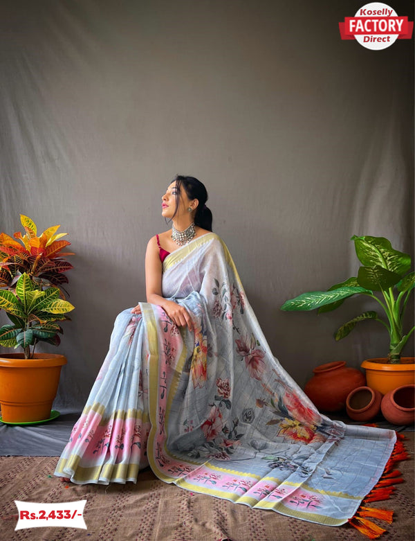 Floral Linen Check Saree