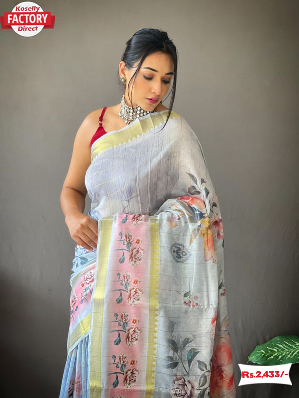 Floral Linen Check Saree